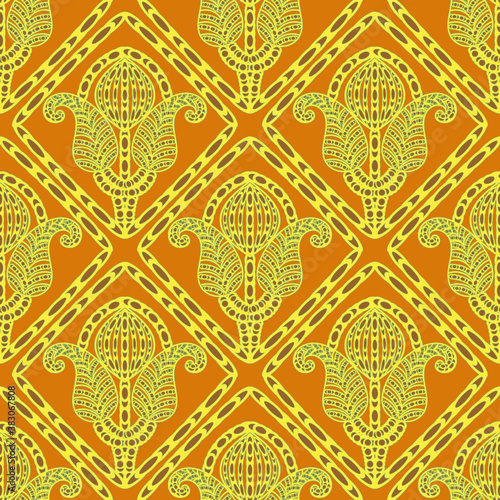 Bright seamless vector Paisley flower pattern. Yellow Wallpaper with Paisley pattern and stylized flowers