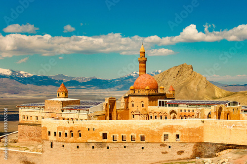 The magnificent view of the İshak Pasha palace in Ağrı at Turkey from the top. Old castle