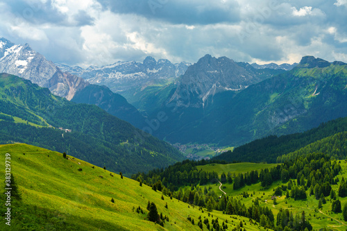 Mountain landscape along the road to Sella pass, Dolomites