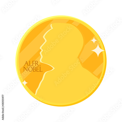 Golden Nobel medal in flat design. Vector illustration of stylized Nobel prize - award of the year. Abstract coin icon. Concept of winner