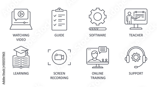 Video tutorial line icons. Vector set editable stroke. Learning lesson watching video guide. Software screen recording teacher online training support