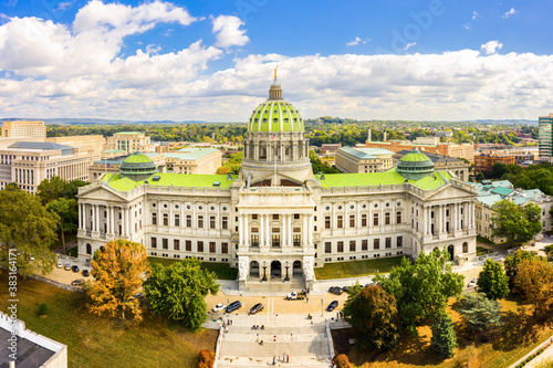 Drone view of the Pennsylvania State Capitol, in Harrisburg. The Pennsylvania State Capitol is the seat of government for the U.S. state of Pennsylvania