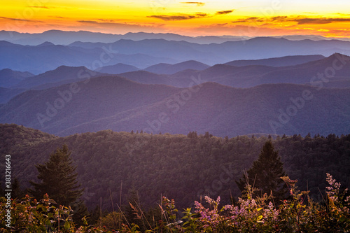 Blue Ridge Mountains at sunset seen from the Cowee Mountain Overlook