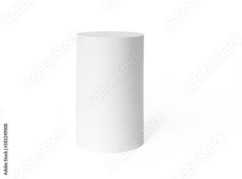 White podium mockup cylinder shape isolated on white background. Pedestal, stage or platform for product presentation with empty space for display