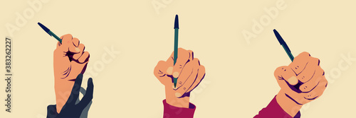 Concept of freedom of speech and information, stop censorship. Illustration of three hands holding a pen. Defend the freedom of Journalism. Different positions