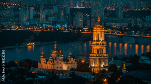 Kiev Pechersk Lavra, Dnipro River, Paton bridge and left bank of Kiev. Aerial shot