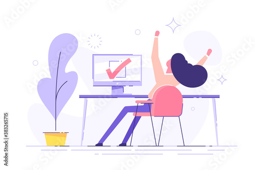 Happy woman completed task and triumphing with raised hands on the his workplace. Successful well done work. Completed task. modern vector illustration.