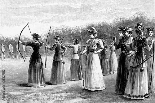 Archery exercises by the Ladies of the Royal Toxophilite Society, England. Antique illustration. 1894.