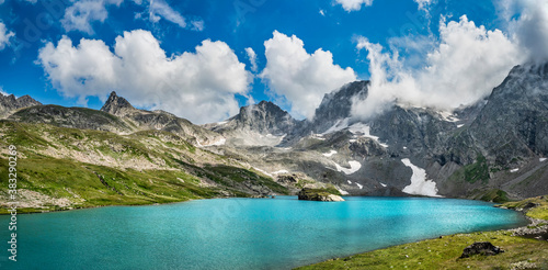 Panoramic view of Big Imeretinsky lake or Lake of silence in mountains