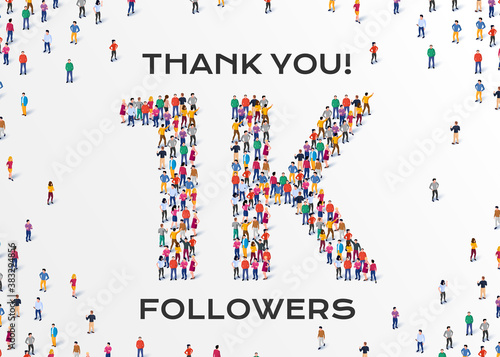 1K Followers. Group of business people are gathered together in the shape of 1000 word, for web page, banner, presentation, social media, Crowd of little people. Teamwork. Vector illustration