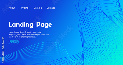 Blue landing page vector template. Abstract dynamic wavy line minimal trendy background