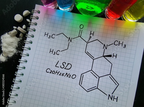 Structural chemical formula of LSD (Lysergic acid diethylamide) molecule. LSD is a hallucinogenic, psychedelic drug. White powder, colored liquid in flasks, and tablets - drug abuse concept.