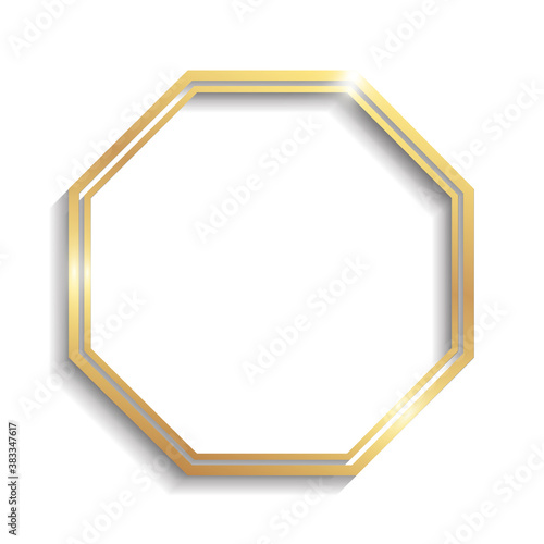 Golden double octagon frame with shadows and highlights isolated on a white background.