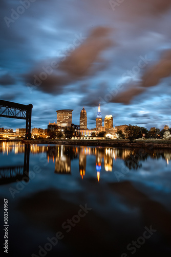 Cleveland ohio skyline with the cuyahoga river in the flats