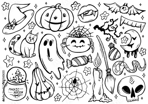 Halloween coloring page with spooky objects, hand drawn cute Halloween coloring sheet