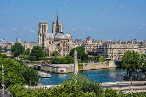 Paris Panorama with Cite Island and Cathedral Notre Dame de Paris on the background. View from Arab World Institute (Institut du Monde Arabe) building. Paris, France.