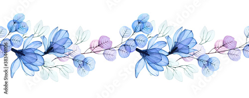 watercolor illustration, seamless horizontal border with transparent flowers. transparent magnolia flowers and eucalyptus leaves of pink and blue flowers. pastel colors, vintage design