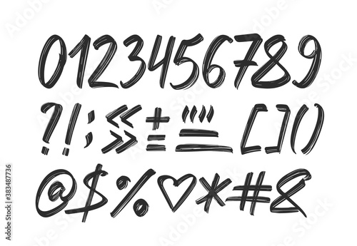 Hand drawn numbers with punctuation on white background.