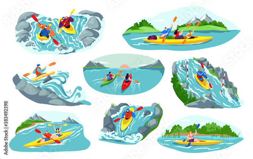 People kayaking vector illustration set. Cartoon flat man woman active kayaker characters canoeing, sitting in kayak boat, holding paddles and rafting. Water sport extreme activity isolated on white