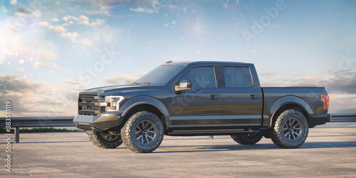 3D rendering of a brand-less generic pickup truck in studio environment 