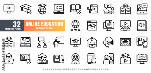 48x48 Pixel Perfect. Online Education Line Outline Icon Set Vector. Editable Stroke.