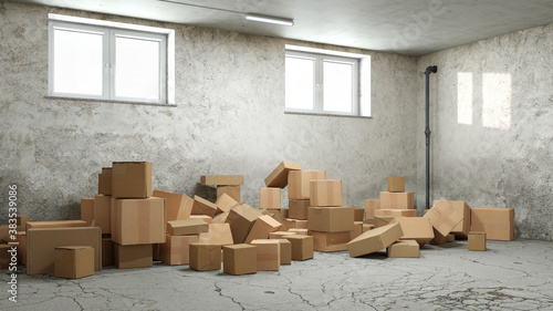 Lots of cardboard boxes mixed up in the basement or storage room