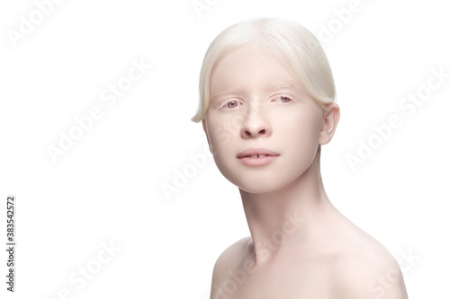 Perfect. Portrait of beautiful albino woman isolated on white studio background. Beauty, fashion, skincare, cosmetics concept. Copyspace. Well-kept skin, fresh look. Inclusion and diversity.