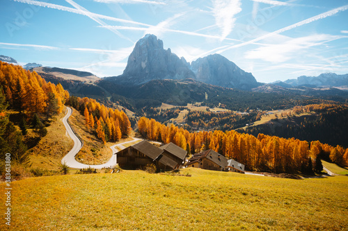 Splendid autumn landscape in Val Gardena. Location Dolomites, Trentino Alto Adige, Italy, Europe.