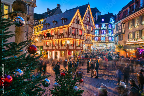 Christmas decorations in the Christmas Market, Colmar, Alsace, France