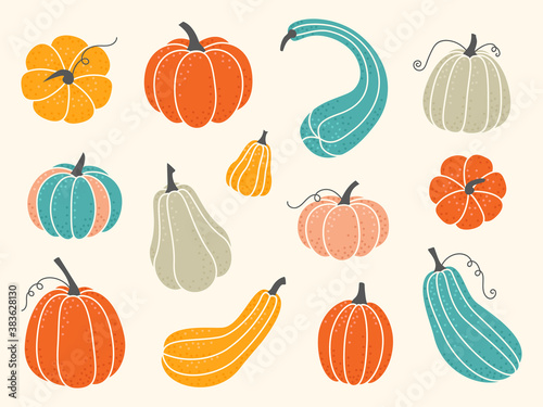Set of cute decorative pumpkins of various shapes and colors. Colorful collection of objects for Halloween, Thanksgiving, harvest and autumn season. Isolated flat vector elements