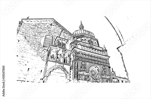 Building view with landmark of Bergamo is a city in the alpine Lombardy region of northern Italy. Hand drawn sketch illustration in vector.