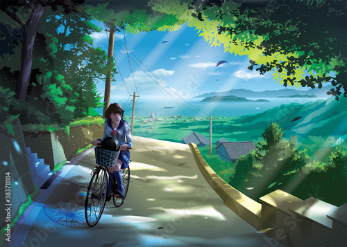 vector illustration in an anime style of a Japanese girl student rides a bicycle on a road in the countryside