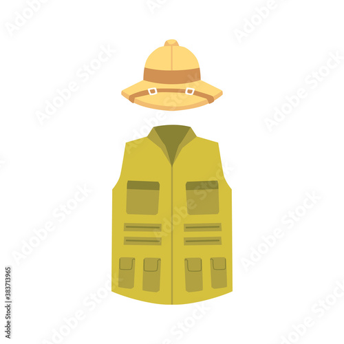 Cartoon safari clothing - topee hat and green vest isolated on white background