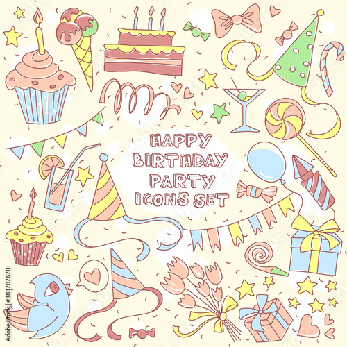 Happy birthday party set with hand drawn icons and lettering, gi