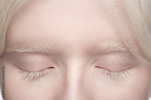 Eyes closed. Close up portrait of beautiful albino woman isolated on white studio background. Beauty, fashion, skincare, cosmetics concept. Copyspace. Well-kept skin, fresh look. Inclusion and
