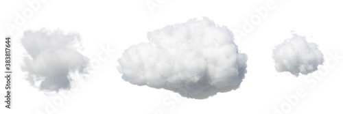 3d render. Collection of random shapes of abstract clouds. Cumulus different views clip art isolated on white background.