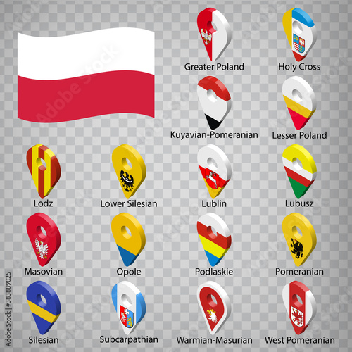 Sixteen flags the Provinces of Poland - alphabetical order with name. Set of 3d geolocation signs like flags Provinces of Poland. Sixteen 3d geolocation signs for your design. EPS10. 