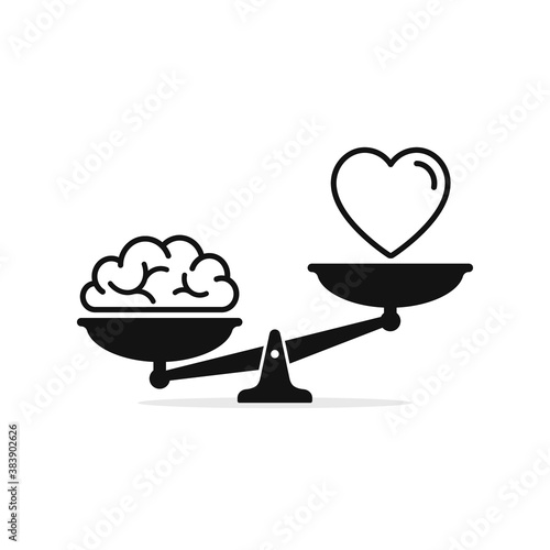 Heart and brain on scales vector illustration. Balance of love, mind, logic concept simple flat concept illustration