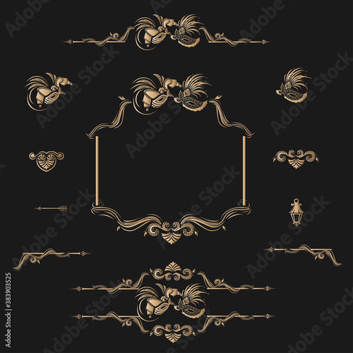 Venetian masquerade vintage set of lace elements. Vector illustration for invitation or poster template.