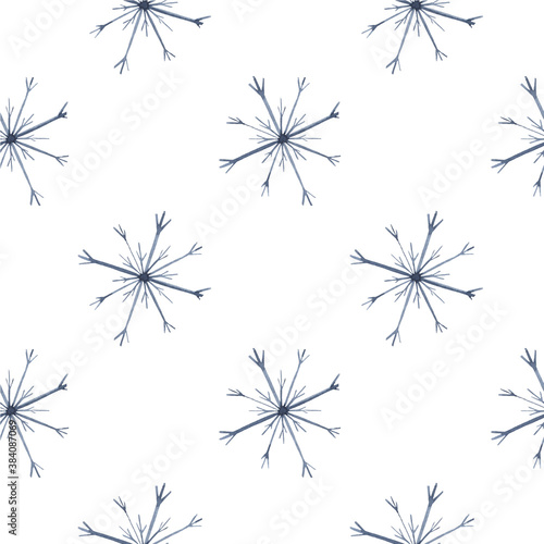 Seamless pattern with watercolor snowflakes. Festive winter background. Christmas, new year, season, season, snow, snowfall. Use for printing, wallpaper, textiles, packaging, scrapbooking.