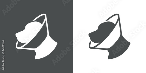 Logotipo cabeza de perro con collar isabelino en fondo gris y fondo blanco