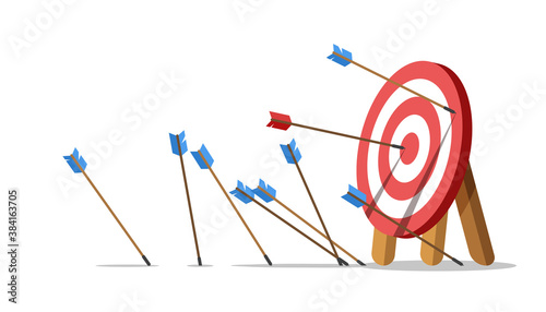Business challenge failure concept. Lots arrows missed hitting target mark and only one hits the center. Shot miss. Failed inaccurate attempts to hit archery target. Vector illustration.