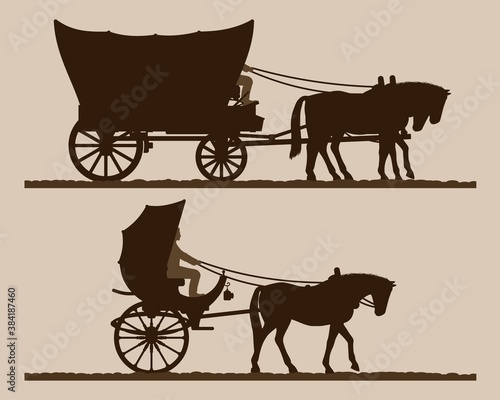 Silhouettes of the carriages. Silhouettes of horse-drawn carriages with riders. Two-wheeled and four-wheel carriage. Wild west wagon silhouette. Vector illustration.