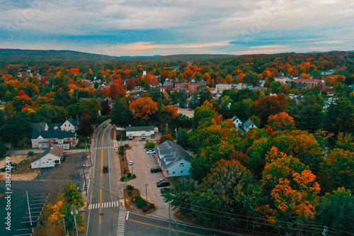Aerial Drone Photography Of Downtown Farmington, NH (New Hampshire) During The Fall Foliage Season