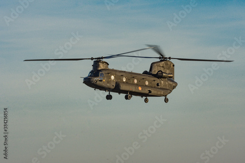 Barcelona, Spain; August 5, 2018: Big double rotor helicopter of the spanish army. CH-47D Chinook