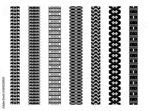 Set of tank track treads isolated on white. Various caterpillar tracks an impressed treads of heavy vehicles like tractors, bulldozers, military transport units. Continuous track brushes.