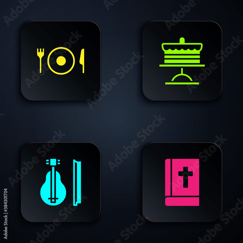 Set Holy bible book, Plate, fork and knife, Violin and Cake on plate. Black square button. Vector.
