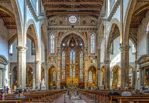 The interior of the Basilica of Santa Croce, Florence, Tuscan, Italy, seen from the central nave. 