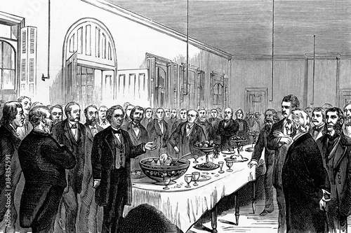 New York, anniversary of the introduction of Homeopathy: Memorial banquet at Ward's Island Hospital. Antique illustration. 1875.
