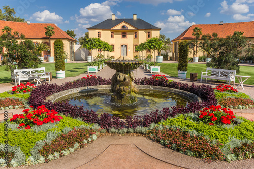 Colorful garden and fountain at the Belvedere castle in Weimar, Germany